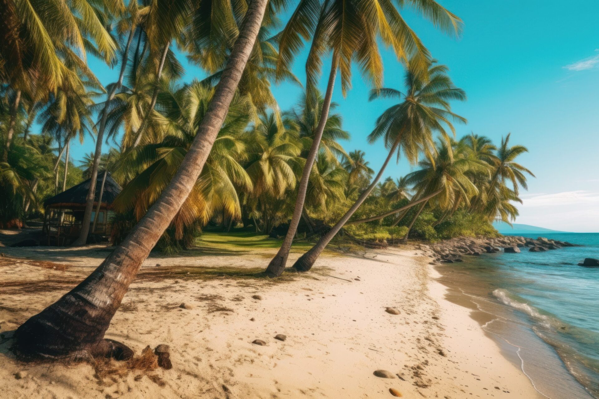 A serene tropical beach with palm trees and a traditional hut